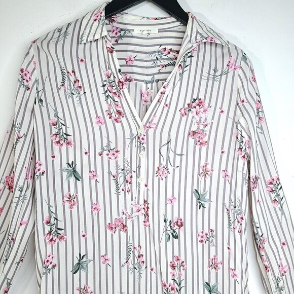 Pleione White Gray Pink Floral Long Sleeve Slinky Button Front Oversized Top - Picture 2 of 7